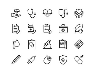 Medical Checkup Vector Icon Set | Adjustable Line Weight | Health, heartbeat, stethoscope, medication, thermometer, syringe, blood, care, pills, healthcare, diagnostics, laboratory icons