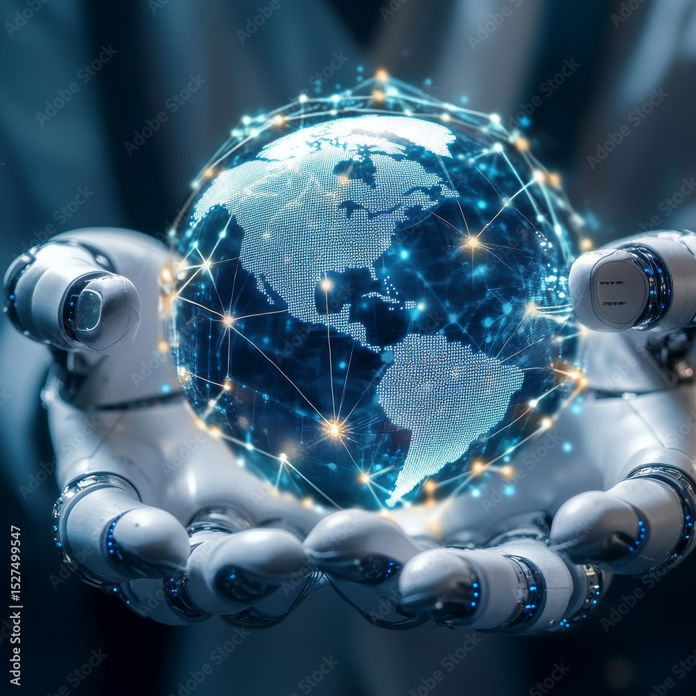 Aufkleber hands holding globe with network connecting data of robotics innovation, artificial intelligence, au