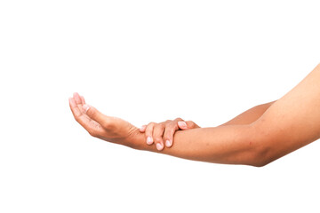 Woman experiences wrist pain, holding arm in distress, isolated on white background, hand and arm injury, health care concept
