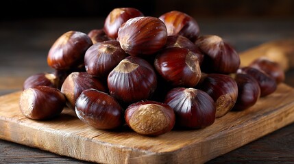 Heap of Fresh Chestnuts on a Wooden Cutting Board
