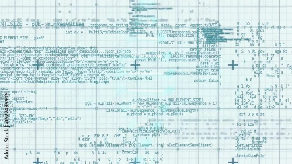 Aufkleber on launch teal grid with code shifting scrolling and dissolving illustrating digital data flow