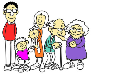 Cartoon family portrait diverse characters