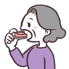 入れ歯を装着するシニア女性横向きのイラスト