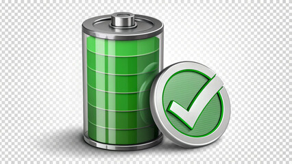 3D full battery icon in green with metallic top and check mark badge, indicating complete charge or power success, on transparent background.

