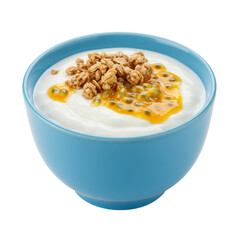 A vibrant blue bowl filled with creamy yogurt topped with granola and passion fruit, set against a clean white background