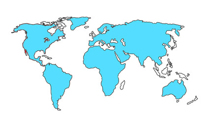 Simple world map with highlighted pacific coast of north america