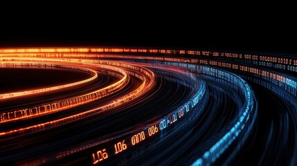 Futuristic Digital Light Trail Creating an Orange and Blue Glowing Spiral from Binary Code Against a Black Background, Captured with High Resolution and Motion Blur for a Sense of Speed