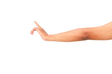 Isolated outstretched hand with pointing finger on white background for creative use