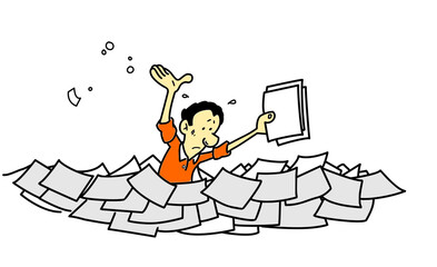 Overwhelmed man drowning in a sea of paperwork