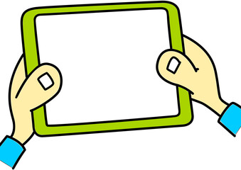 Hands holding a blank green tablet device