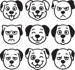 A set of 10 expressive dog faces in black and white vector style, isolated on white background, cartoon line art.
