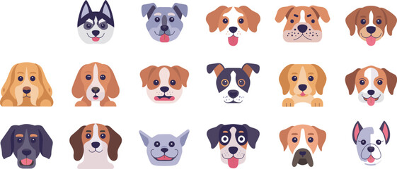 Cute dog face vector set, cartoon puppy icons, pet breed illustration, flat design animal heads, adorable dog portraits collection