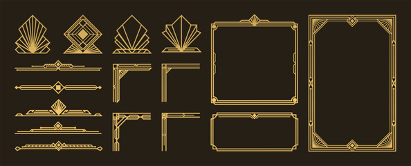 Collection of geometric art deco ornament. Luxury golden decorative elements with different lines, frames, headers, dividers and borders. Set of elegant design suitable for card, invitation, poster.