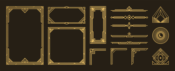 Collection of geometric art deco ornament. Luxury golden decorative elements with different lines, frames, headers, dividers and borders. Set of elegant design suitable for card, invitation, poster. © TWINS DESIGN STUDIO