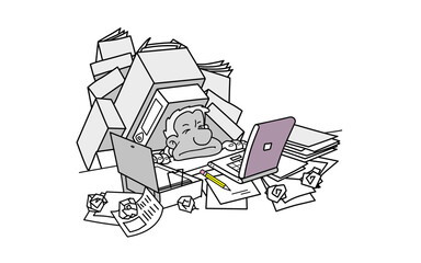 Overwhelmed man working with laptop and papers