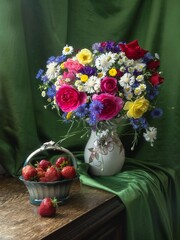 Still life with flowers and strawberries