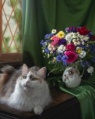 Beautiful tricolor cat with bouquet summer flowers