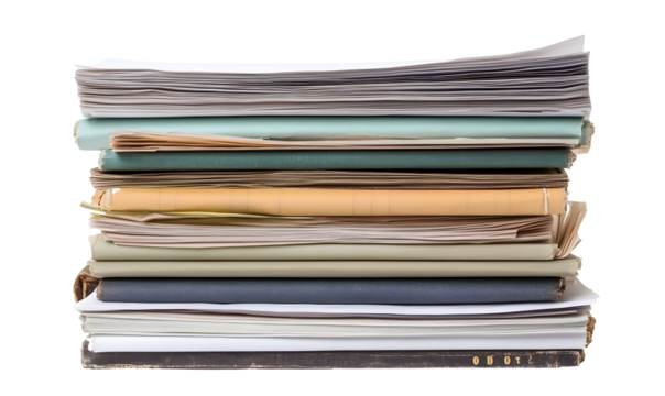 Overwhelmed with paper work: A towering stack of documents against black background