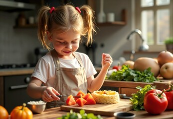Child Preparing Butternut Squash and Millet Dish in Kitchen