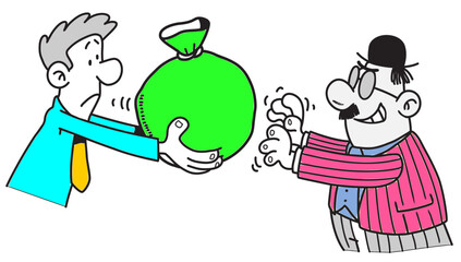 Reluctant handoff of a money bag cartoon illustration