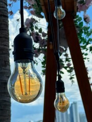 Beautiful decor for beach cafe, light bulbs hanging as decoration, night lighting, cozy atmosphere, wonderful solution of exterior, decoration of restaurant area