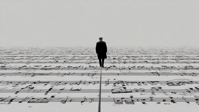 Conceptual Journey: A Solitary Figure Walks on a Musical Score Landscape in Surreal Art