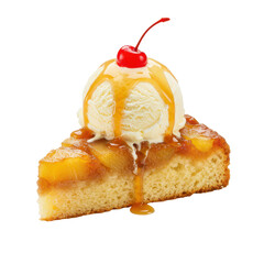 Delicious dessert featuring warm cake topped with vanilla ice cream and cherry