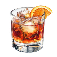 Watercolor Illustration of Red Cocktail with Ice Cubes and Orange Slice in Glass Isolated on White Background
