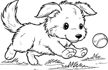 Adorable puppy running on grass chasing a ball in a coloring page illustration