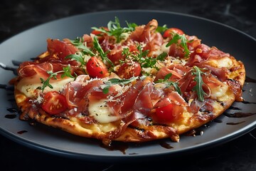 Gourmet Pizza with Prosciutto, Mozzarella, Cherry Tomatoes, and Arugula on Plate
