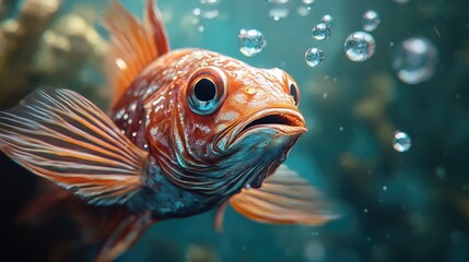 Fototapeta premium Close-up of a vibrant orange-and-teal fish, mouth agape, in an underwater scene. Bubbles rise around it