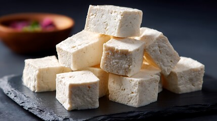Stack of Fresh Tofu Cubes on Dark Slate