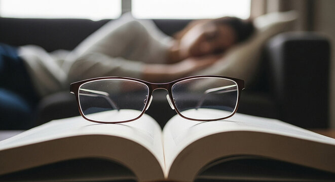 Gafas Sobre un Libro Abierto al Lado de una Persona Dormida