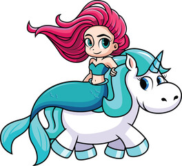 Cute Mermaid Riding A Unicorn Vector Image