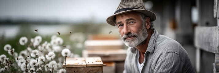 Senior beekeeper working with bee hives and flying bees in apiary