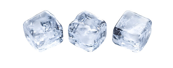 Obraz premium Three transparent ice cubes isolated on a black background showcasing refreshing coolness
