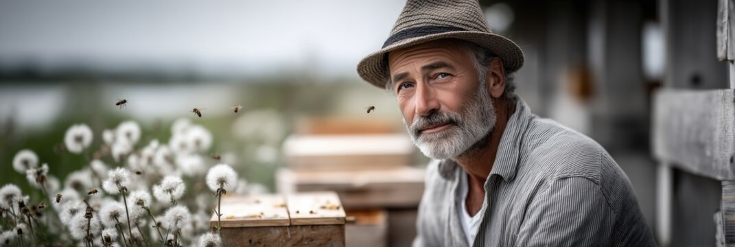 Senior beekeeper working with bee hives and flying bees in apiary