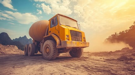Obraz premium Yellow concrete mixer truck on a dusty construction site.