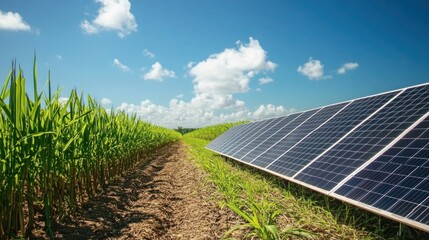 Aerial shot of a sugarcane farm with solar panels, a large water tank, and well-maintained irrigation systems