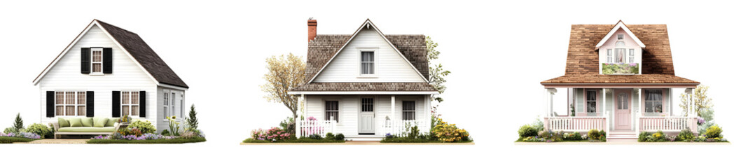 Fototapeta premium Charming Collection of Cottage-Style Houses on Black Background for Real Estate Marketing