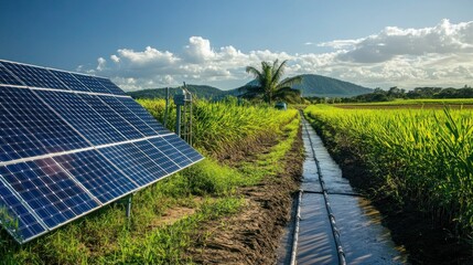 Aerial shot of a sugarcane farm with solar panels, a large water tank, and well-maintained irrigation systems