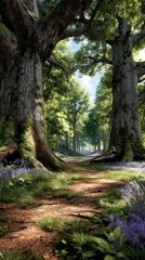 Serene woodland path lined with ancient trees and vibrant wildflowers under a clear blue sky in a peaceful forest setting