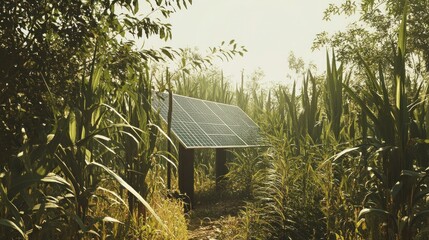 Aerial shot of a sugarcane farm with solar panels, a large water tank, and well-maintained irrigation systems