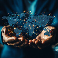 Hands holding globe with network connecting data of Natural Language Processing, machine learning, AI, semantic analysis, speech recognition, language translation, sentiment analysis, and data mining.