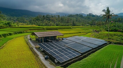 Aerial shot of a sugarcane farm with solar panels, a large water tank, and well-maintained irrigation systems