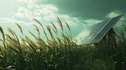 Aerial shot of a sugarcane farm with solar panels, a large water tank, and well-maintained irrigation systems