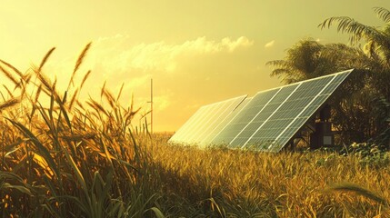 Aerial shot of a sugarcane farm with solar panels, a large water tank, and well-maintained irrigation systems