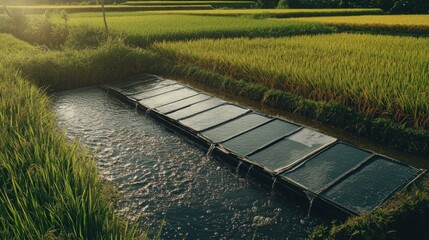 Aerial shot of a sugarcane farm with solar panels, a large water tank, and well-maintained irrigation systems