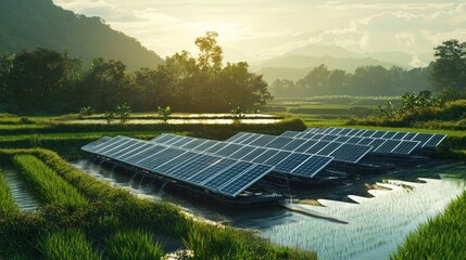 Aerial shot of a sugarcane farm with solar panels, a large water tank, and well-maintained irrigation systems