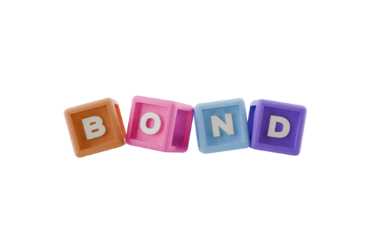 3d play cubes spelling the word bond, transparent background